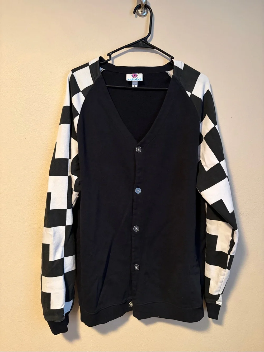 Vintage Scene Kid Robot Black Cardigan with Black & White Check Kidrobot Large